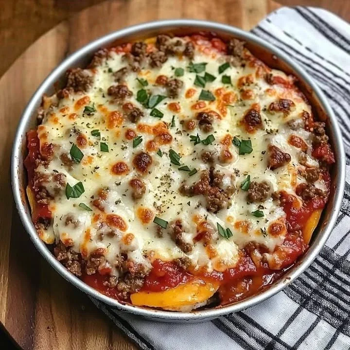 A bowl of low carb crustless pizza topped with cheese and fresh vegetables.