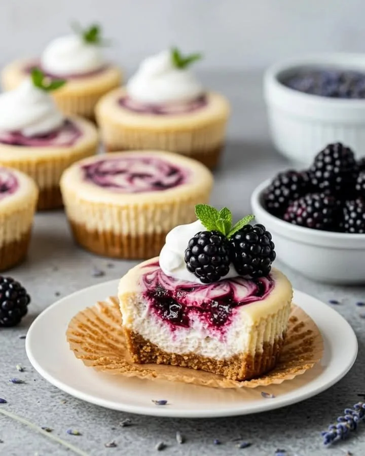 Luscious blackberry lavender cheesecakes topped with fresh berries and lavender flowers