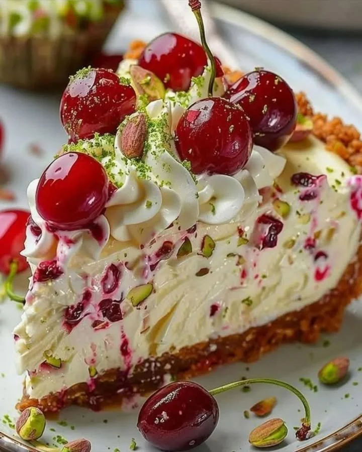 Lemon-lime cherry pistachio cheesecake serves as a delicious dessert.