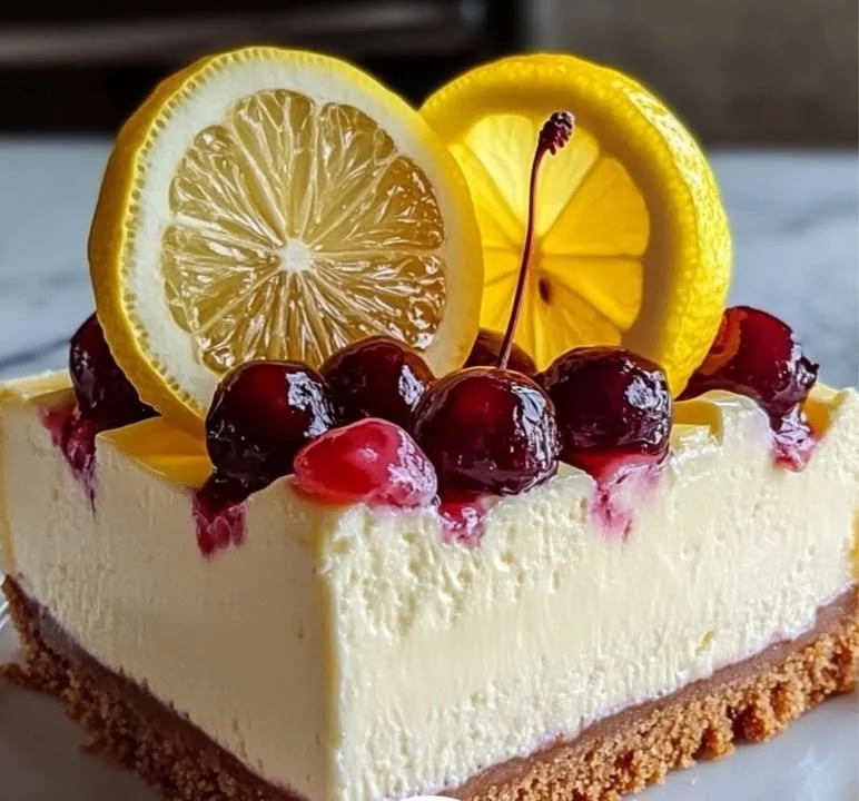 Deliciously crafted cherry lemon cheesecake topped with fresh cherries.
