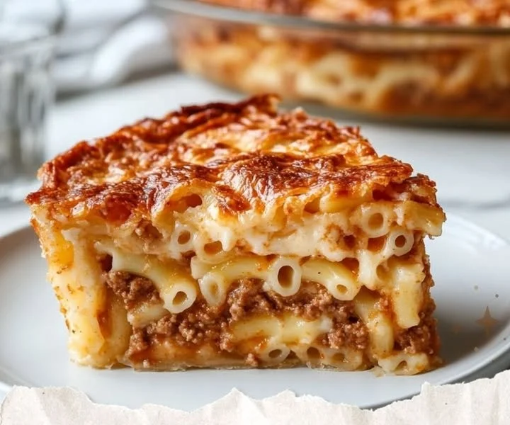 Baked Macaroni Timbale with cheese and vegetables on a serving plate