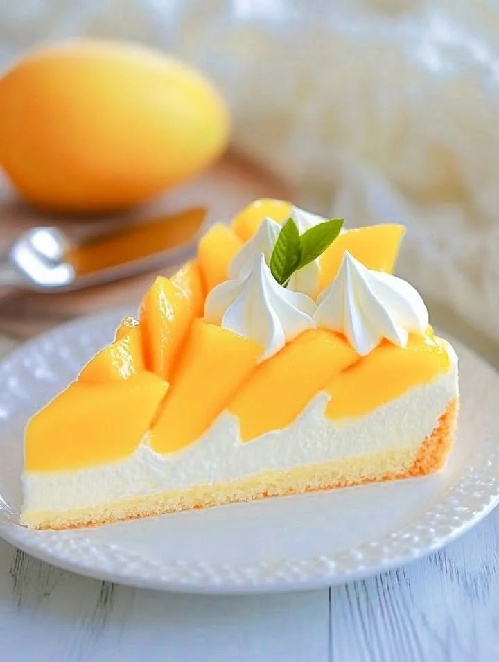 Mango Cheesecake Slice with fresh mango topping and creamy texture