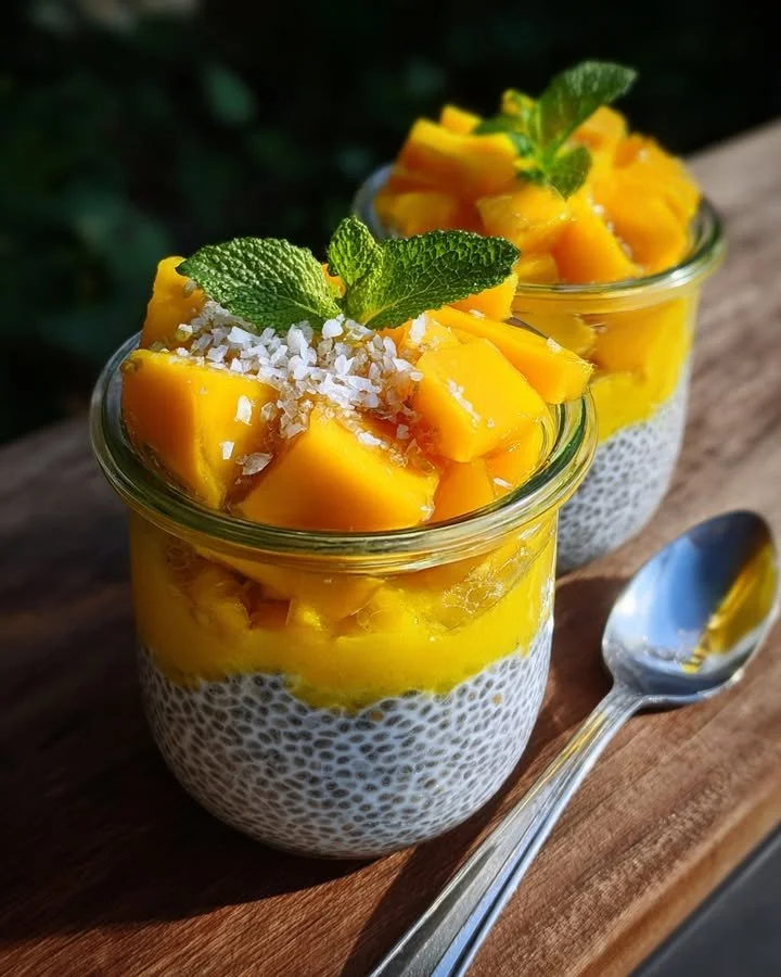 Delicious mango chia pudding topped with fresh mango slices and chia seeds