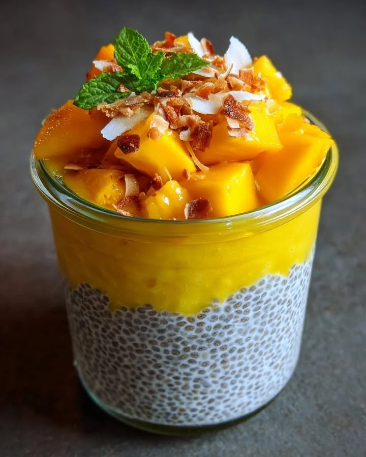 A bowl of mango chia pudding topped with fresh mango slices and chia seeds