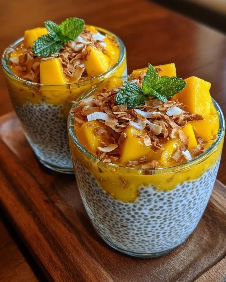 Delicious Mango Chia Pudding topped with fresh mango slices and chia seeds