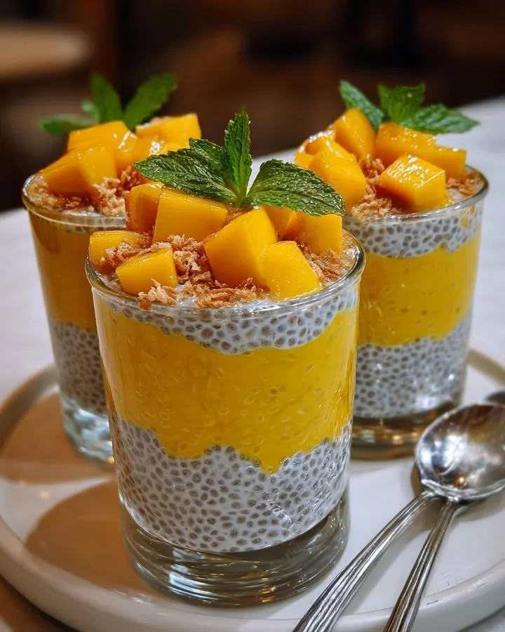 Delicious Mango Chia Pudding topped with fresh mango slices and coconut