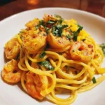 Delicious bowl of Mango Coconut Pasta with Chili Lime Shrimp garnished with herbs