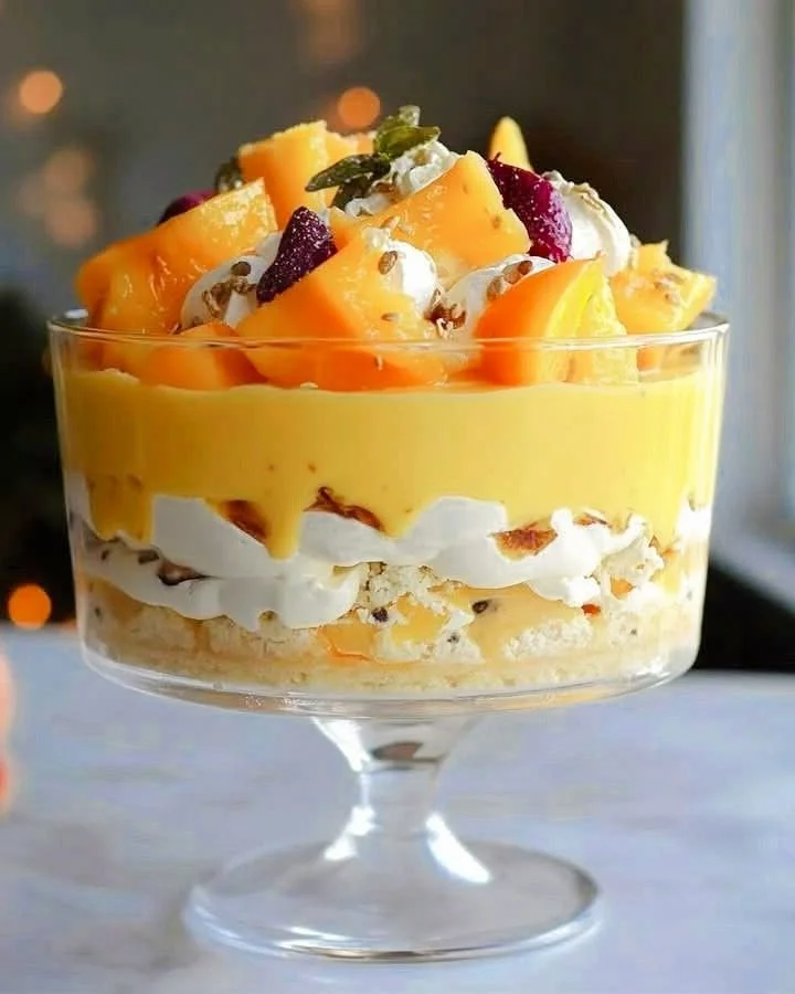 Layered mango custard trifle with fresh mango pieces and creamy custard