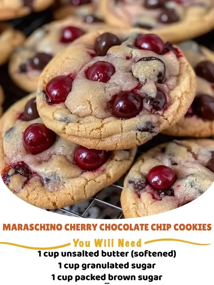 Maraschino Cherry Chocolate Chip Cookies on a decorative plate