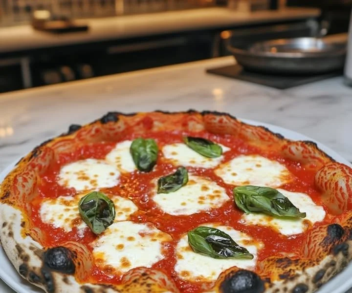 Delicious homemade Margherita Pizza topped with fresh basil and mozzarella