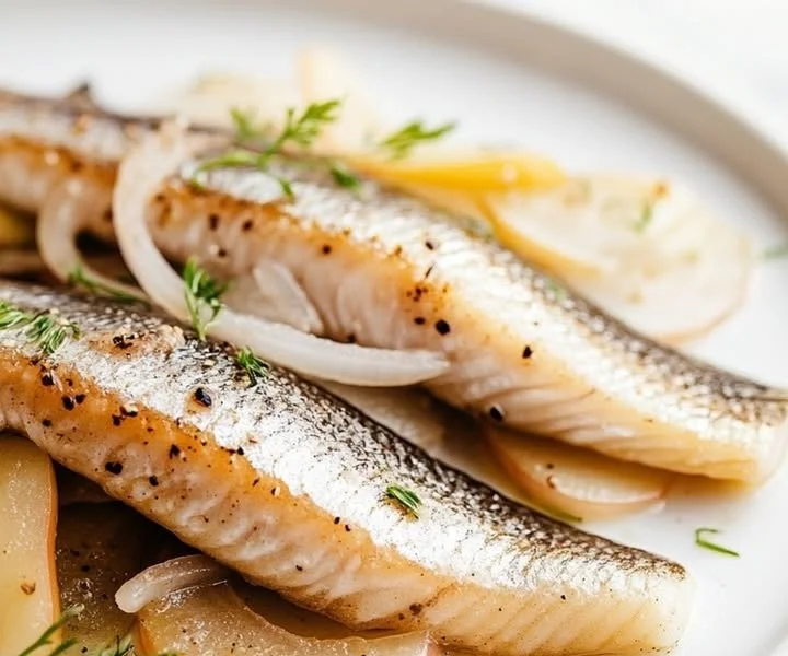 Delicious marinated herring fillet served with fresh herbs and spices