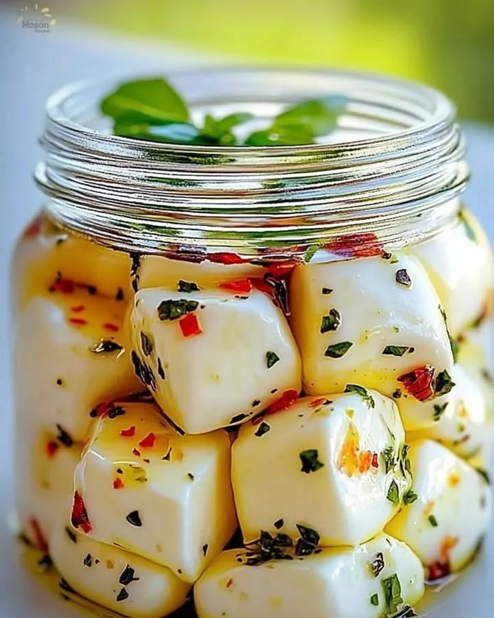 Delicious marinated mozzarella drizzled with herbs and spices in a serving dish.