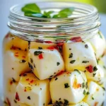 Delicious marinated mozzarella balls soaking in olive oil and herbs