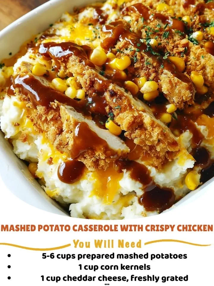 Delicious mashed potato casserole topped with crispy chicken, perfect for dinner.