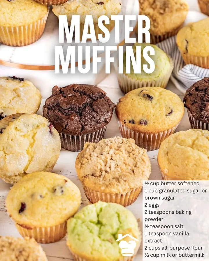 Delicious homemade muffins baked from a master muffin recipe.