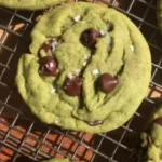 Freshly baked Matcha Chocolate Chip Cookies on a cooling rack