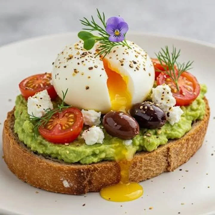 Mediterranean avocado toast topped with eggs, garnished with herbs
