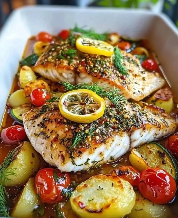 Mediterranean baked fish garnished with herbs and lemon