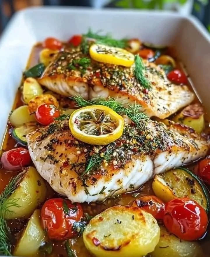 Mediterranean baked fish dish garnished with herbs and lemons