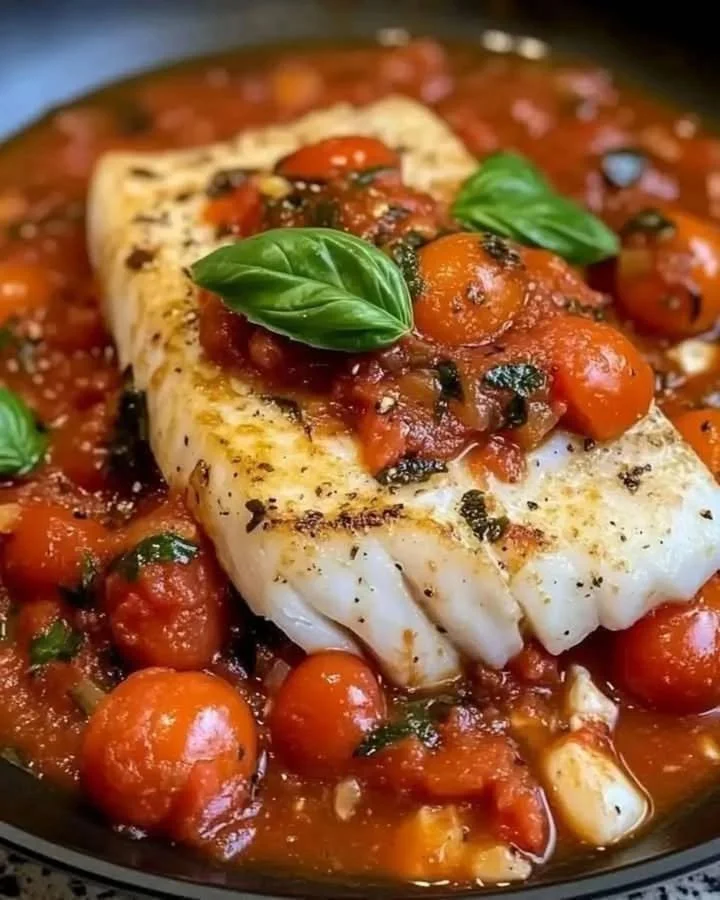 Mediterranean Cod fillet served in a vibrant tomato basil sauce