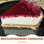 Slice of Mexican Raspberry Cheesecake topped with fresh raspberries