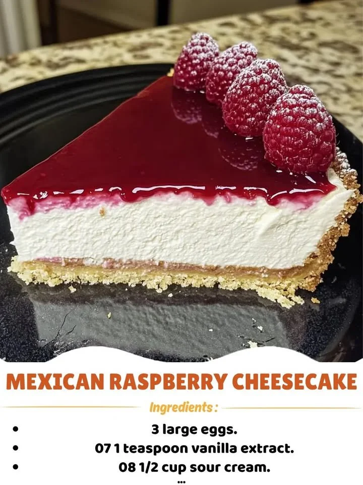 Slice of Mexican Raspberry Cheesecake topped with fresh raspberries