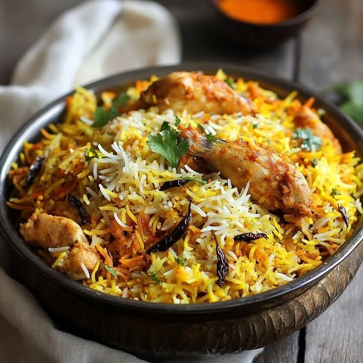 A delicious serving of Indian Chicken Biryani with spices and herbs.