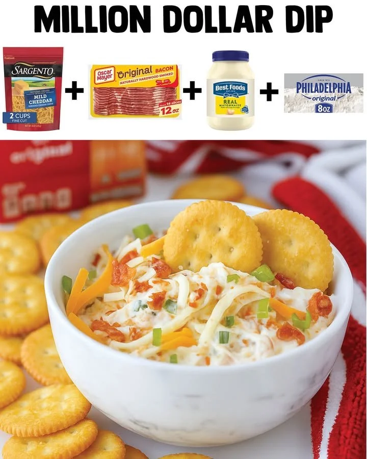 Delicious Million Dollar Dip served in a bowl with crackers and veggies