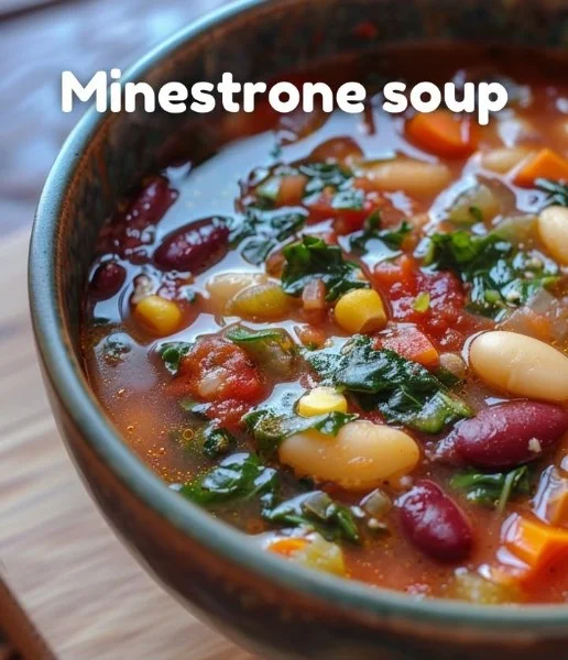 Bowl of delicious homemade minestrone soup with vegetables and beans