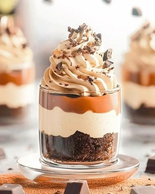 Mini Baileys Chocolate Cheesecake Trifle served in a glass dish