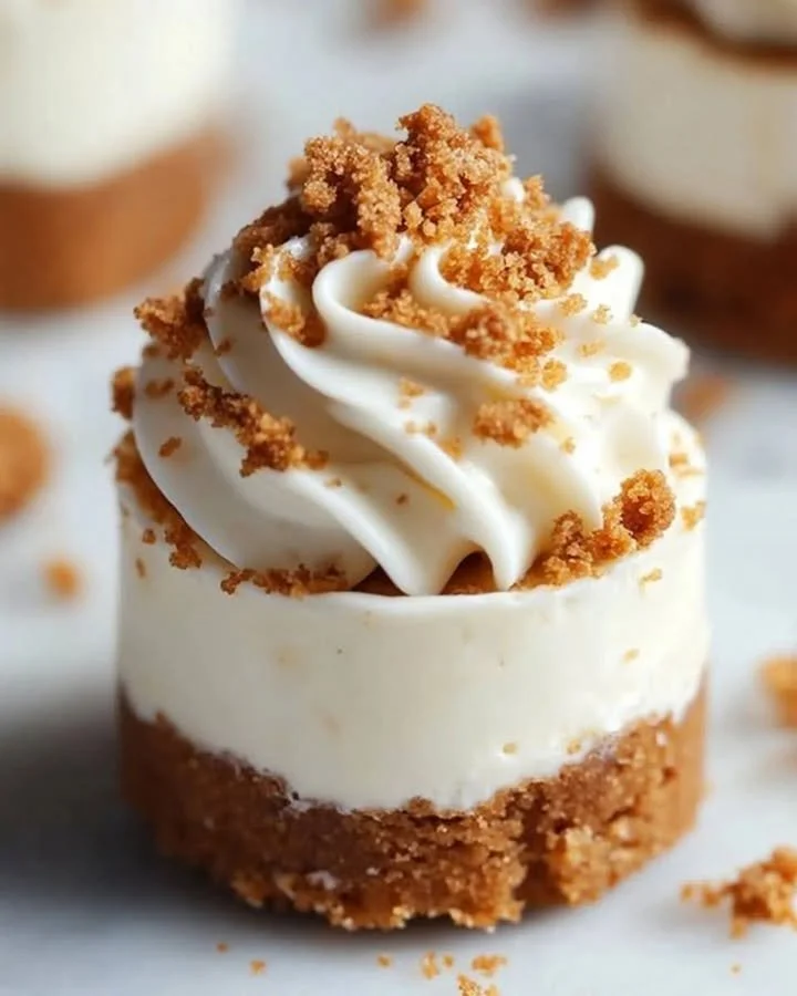Mini Biscoff cheesecakes topped with crushed Biscoff cookies