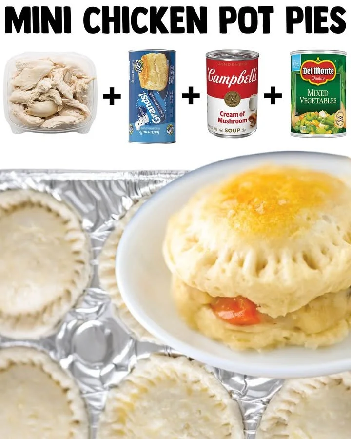 Baked mini chicken pot pies served in ramekins, golden and flaky crusts.
