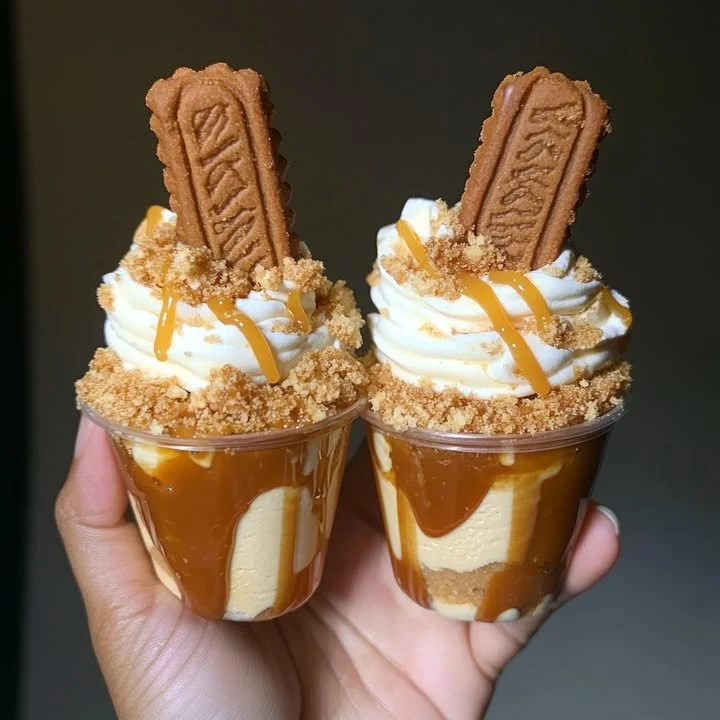 Mini Cookie Butter Shooter Cups topped with whipped cream and cookie crumbs