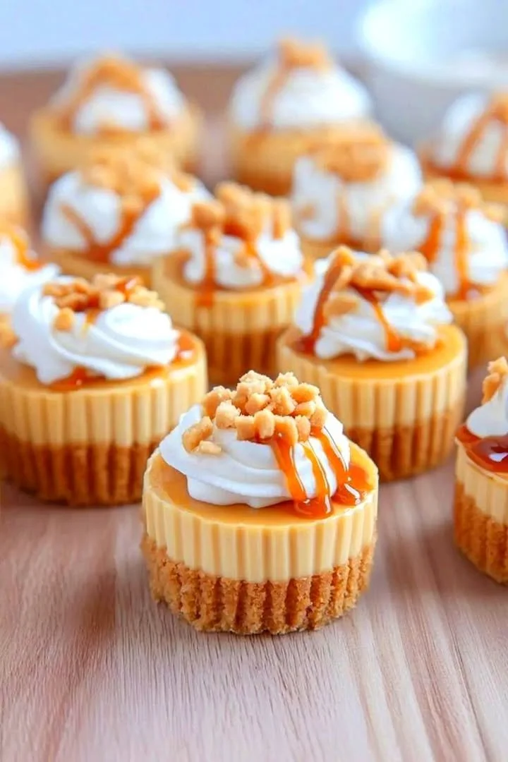 Mini dulce de leche cheesecakes topped with caramel drizzle.