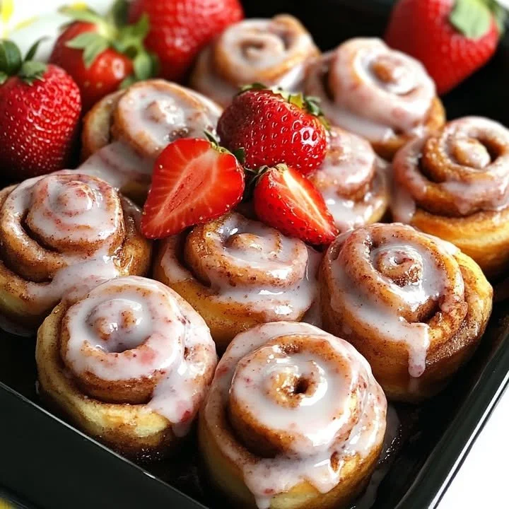 Mini strawberry cinnamon rolls with a delicious strawberry glaze