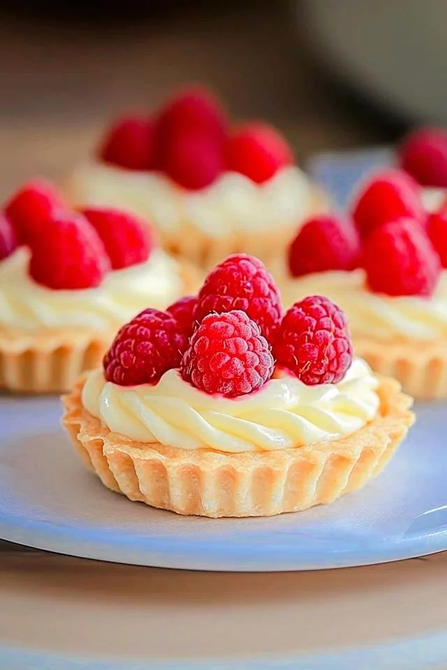 Mini vanilla cream tarts topped with fresh raspberries on a decorative plate.