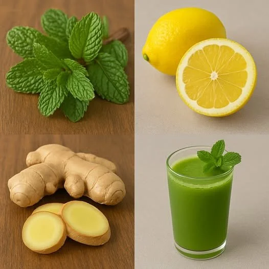 A refreshing glass of Mint Lemon Ginger Juice with fresh ingredients