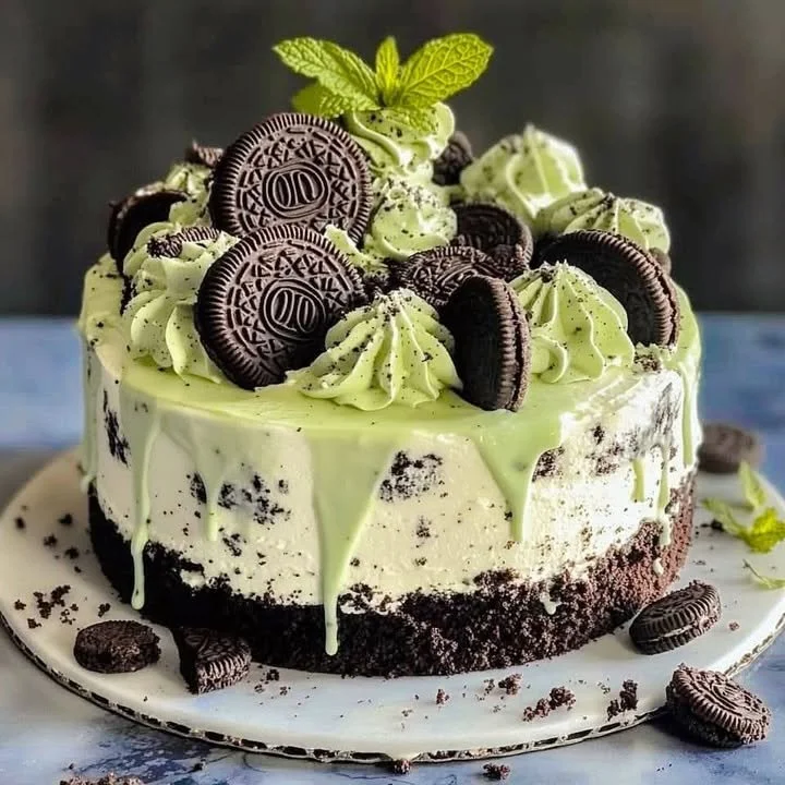 Mint Oreo Cheesecake Cake topped with mint and crushed Oreos