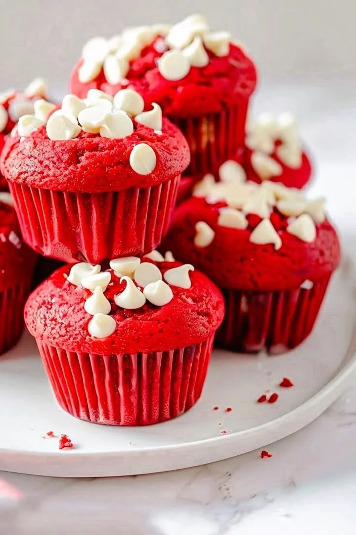 Moist and fluffy red velvet muffins with cream cheese frosting on top