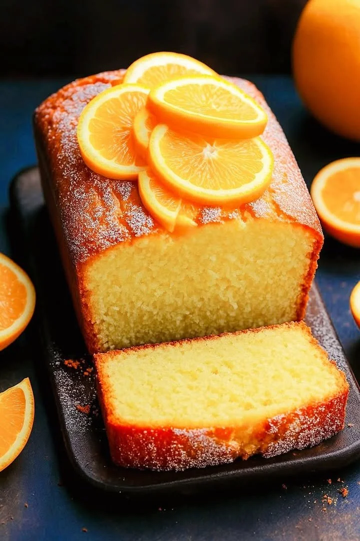 Moist orange loaf cake topped with icing and fresh orange slices