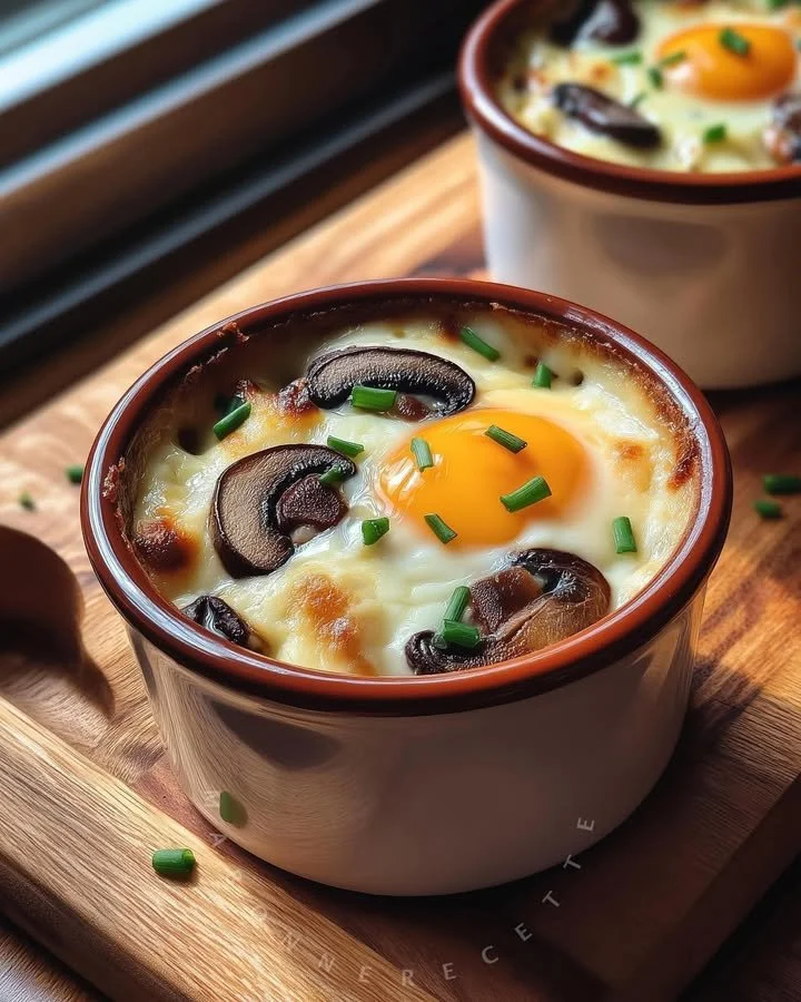 Mushroom and chive baked eggs served in a rustic dish
