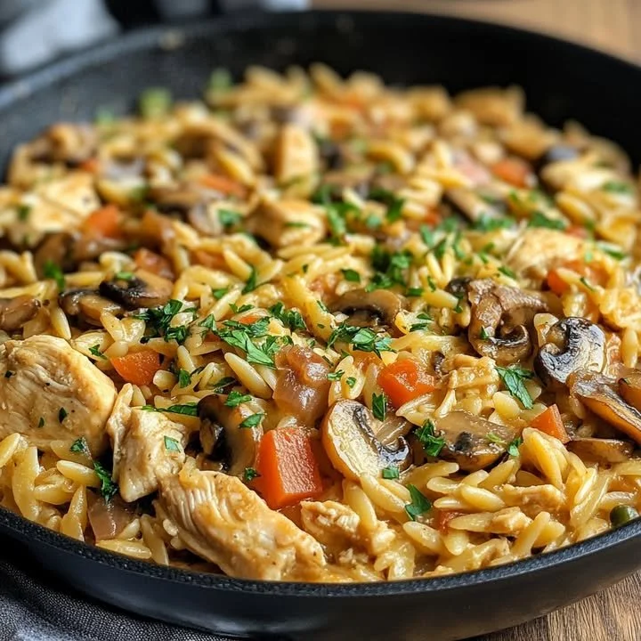 One-skillet Mushroom Chicken Orzo dish plated with fresh herbs
