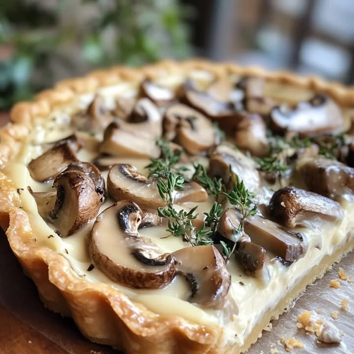 Mushroom Cream Tart topped with fresh herbs and creamy filling