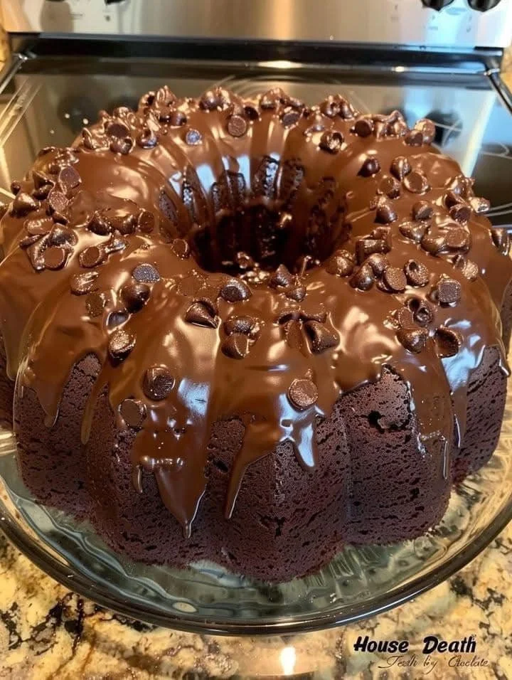 Delicious Nestle Toll House Death by Chocolate Cake topped with chocolate chips