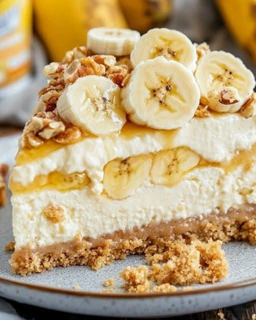 Slice of New York-Style banana pudding cheesecake topped with whipped cream and banana slices.
