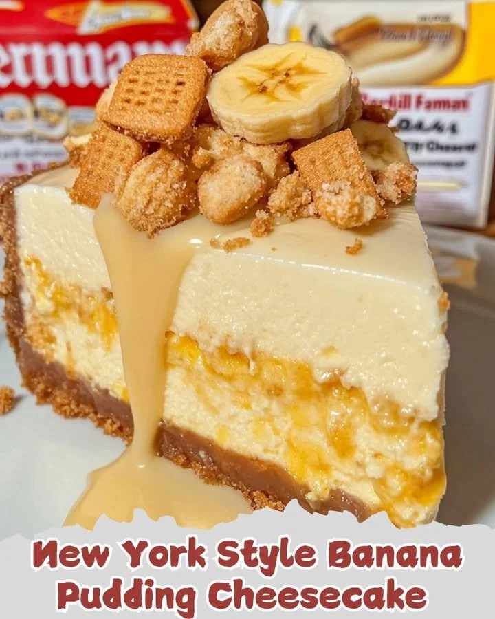 Slice of New York Style Banana Pudding Cheesecake garnished with bananas and whipped cream
