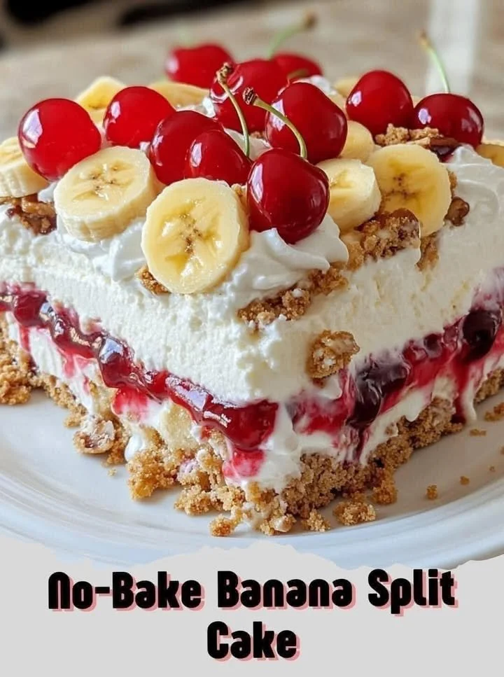 No-Bake Banana Split Cake with layers of bananas, whipped cream, and chocolate