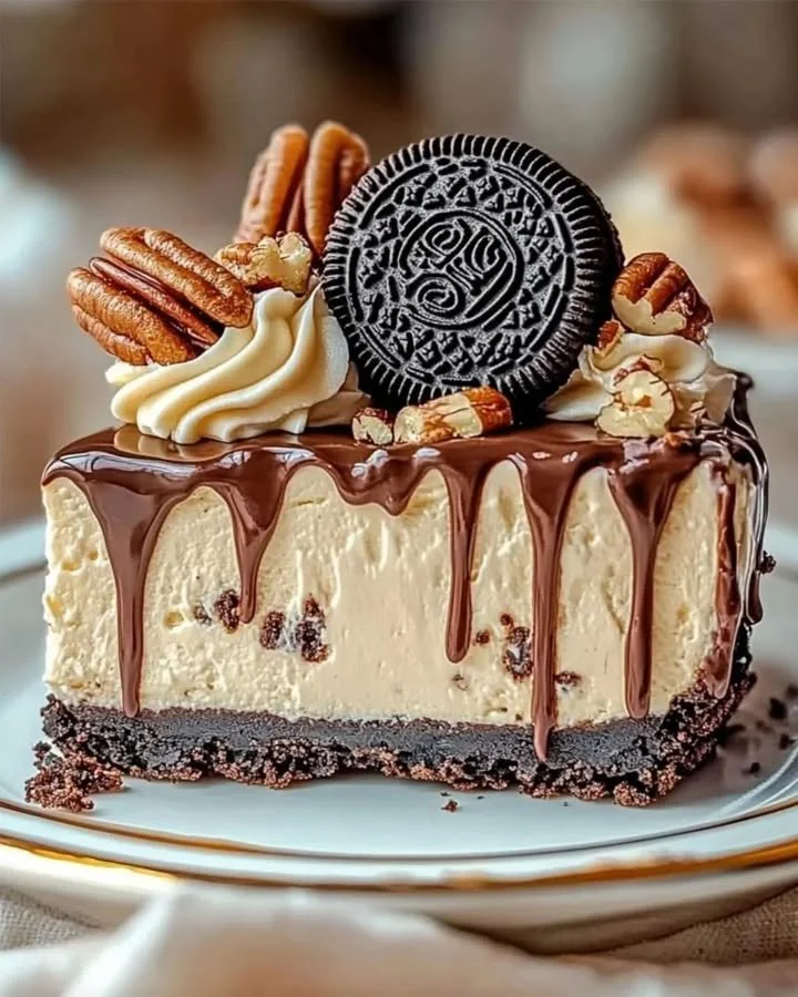 Delicious no-bake German chocolate cheesecake topped with chocolate and coconut