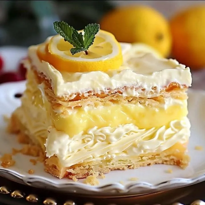 No-Bake Lemon Eclair Cake with layers of lemon cream and eclairs