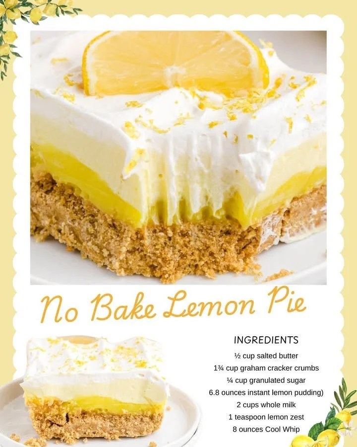 Delicious no bake lemon pie topped with whipped cream and lemon slices